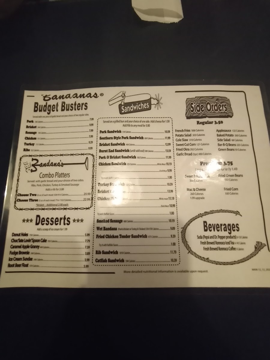 Menu Bandana's Bar-B-Q Mt. Vernon Il-8